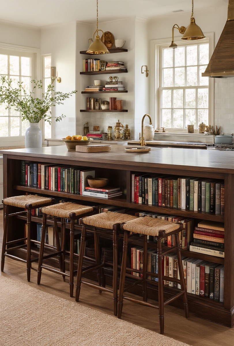 kitchen island seating - Your Island's Intellectual Nook - The image presents a truly unique kitchen island...
