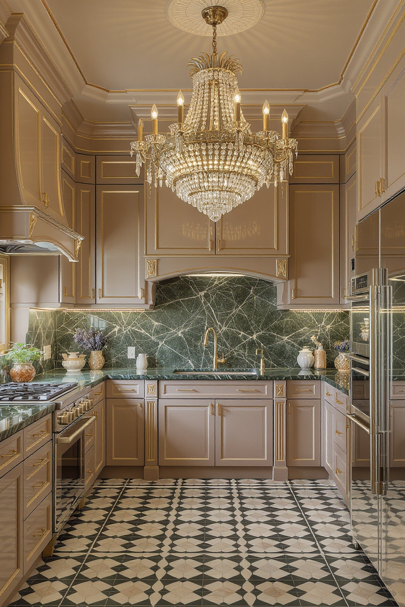 Taupe kitchen cabinets - Art Deco Taupe Kitchen Grandeur - This kitchen absolutely stuns with an Art Deco...