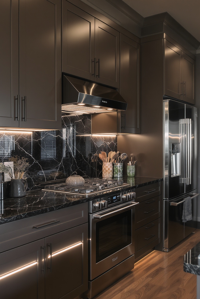 Taupe kitchen cabinets - Taupe Cabinets: Modern Masculine Style - Deep taupe cabinets anchor this kitchen in sophisticated...
