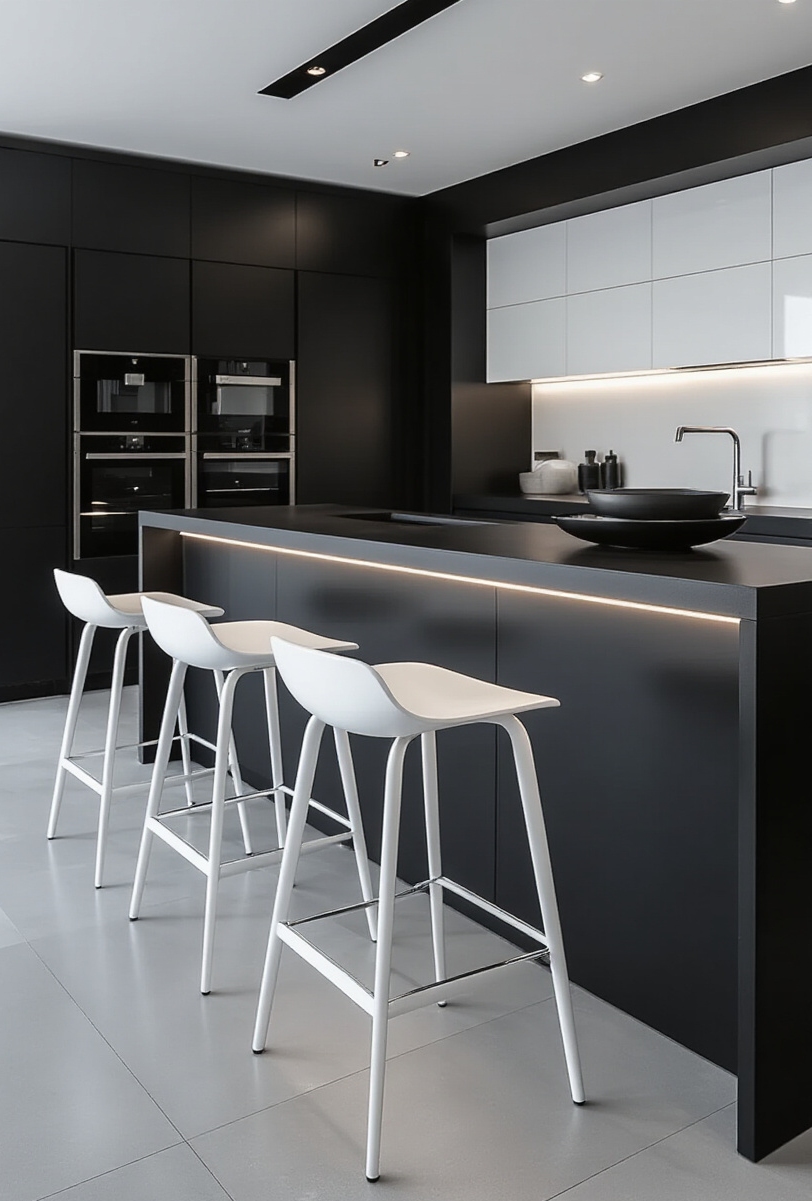 kitchen island seating - Sleek Monochrome Island Seating - A stunning black kitchen island commands attention with...