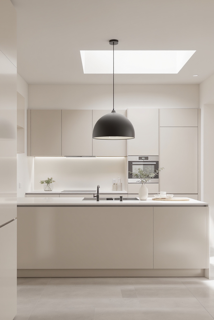 Taupe kitchen cabinets - Taupe Cabinets: Spatial Harmony - Light taupe cabinets melt into the off-white walls...