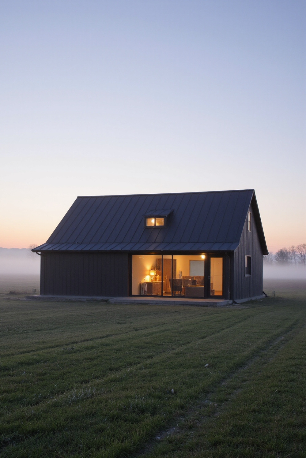 modern barn house - Dawn's Modern Barn Sanctuary - Dawn breaks over a misty meadow, and the...