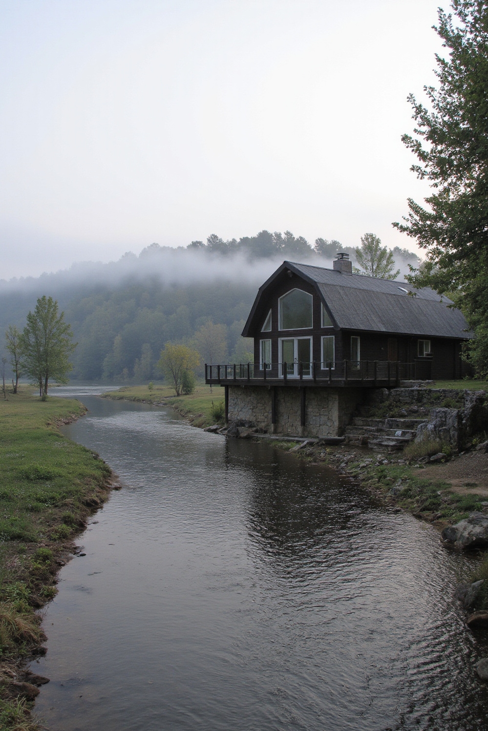 modern barn house - Barns Bathed In River Light - The sun rises and paints the winding river...