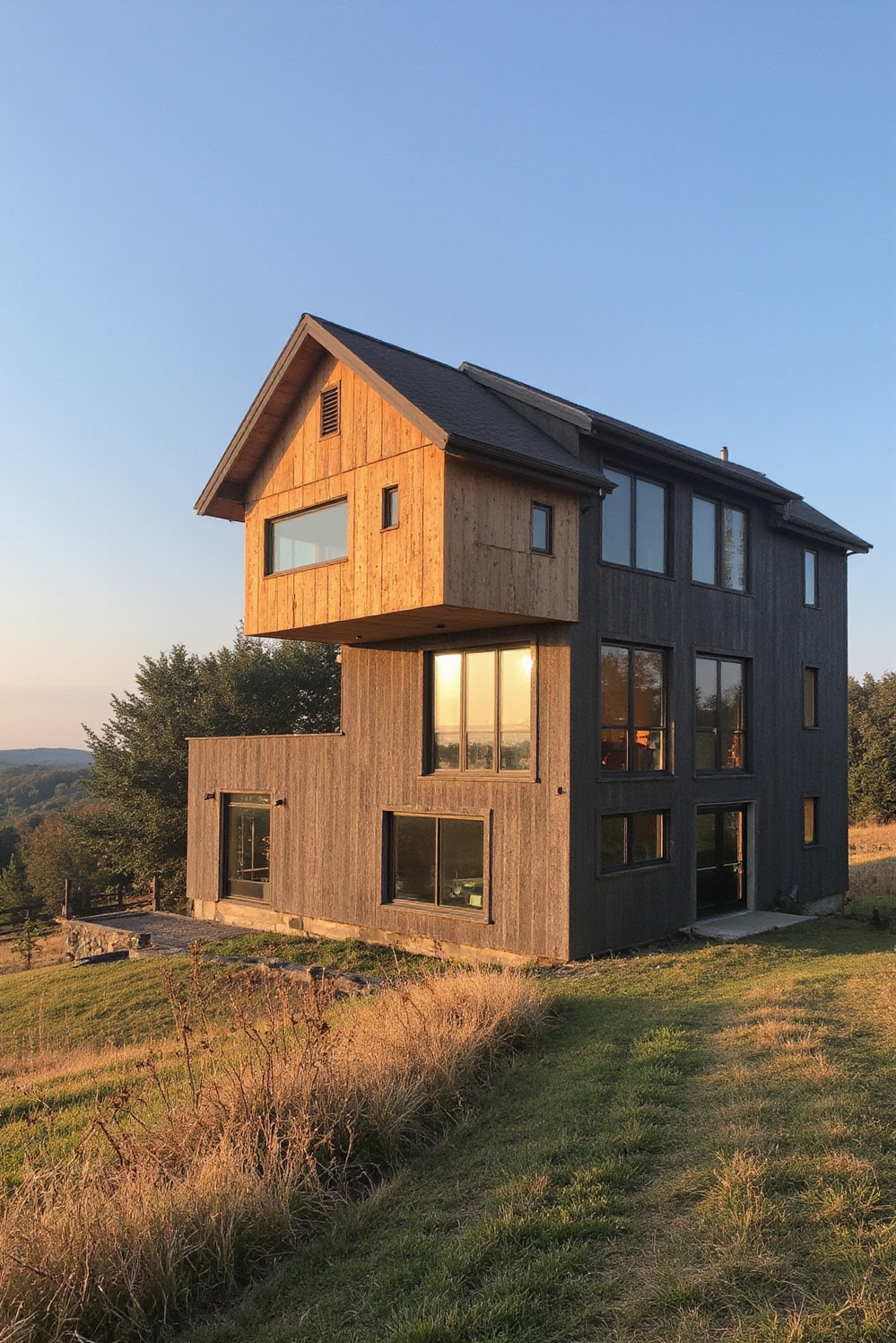 modern barn house - Cantilevered Barn: Modern Architectural Lines - Golden hour bathes this modern barn house in...