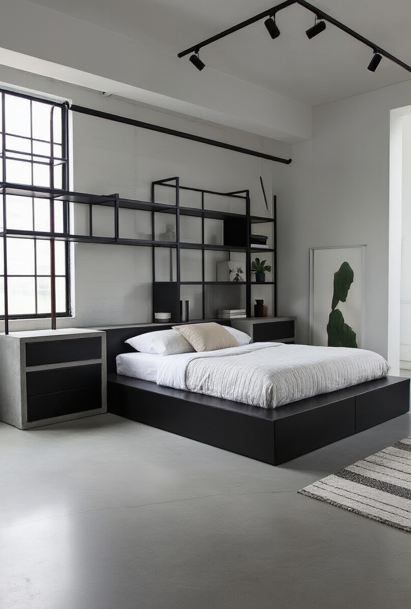 bedroom furniture sets - Industrial Chic Bedroom Collections - This bedroom shouts modern chic! A low-slung, black...