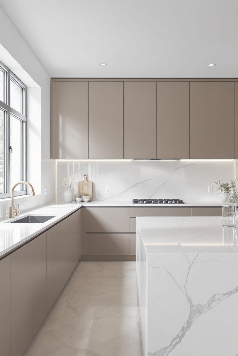 Taupe kitchen cabinets - Taupe Kitchens: Modern Minimalist Serenity - The photograph showcases a stunningly serene modern kitchen...