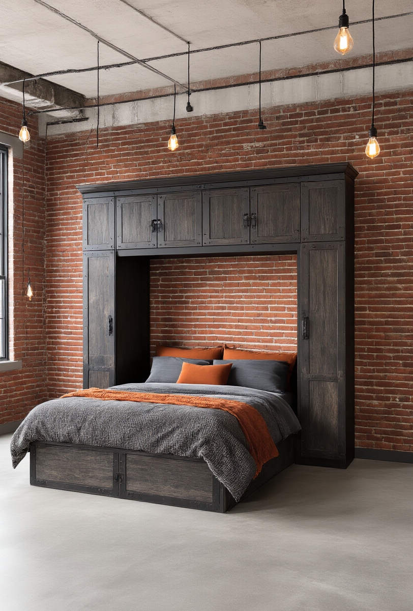 Blog Topic - Factory Locker Murphy Bed Style - Dark, distressed wood anchors this industrial-chic Murphy bed,...