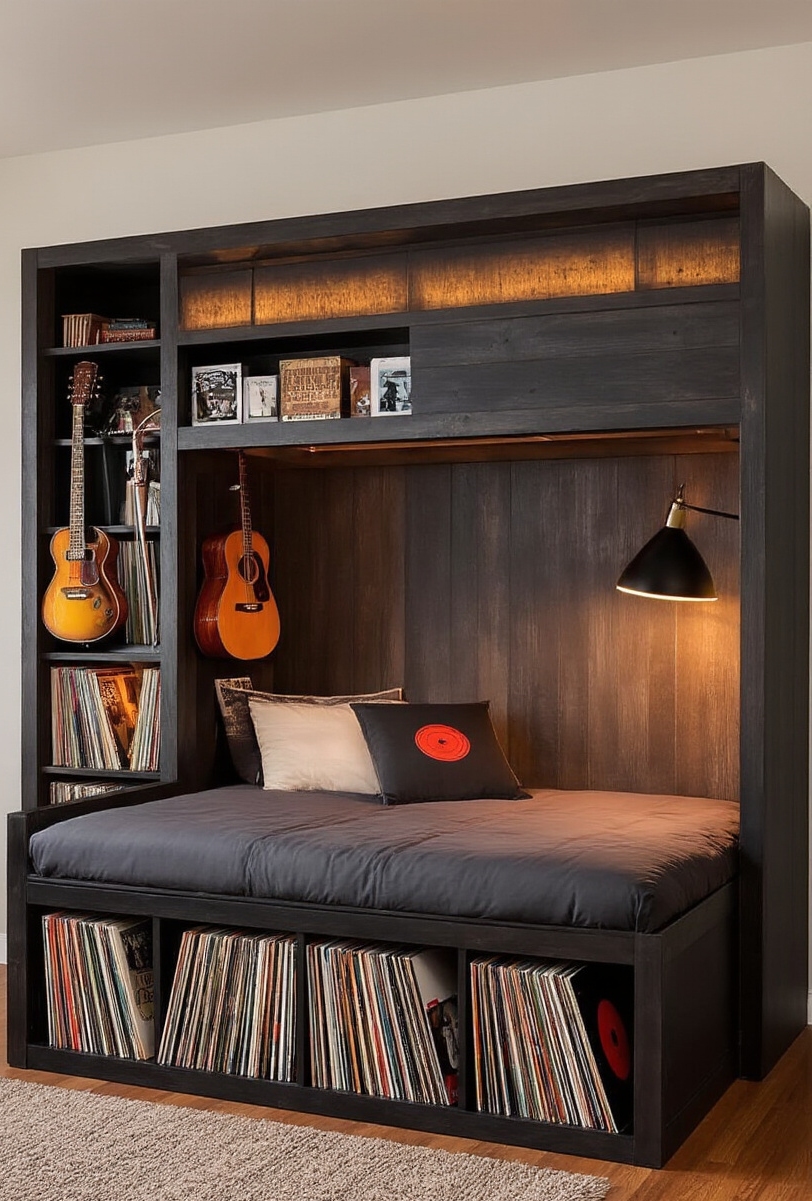 Blog Topic - Vinyl Collection Murphy Bed - Deep charcoal grey bedding invites you into this...