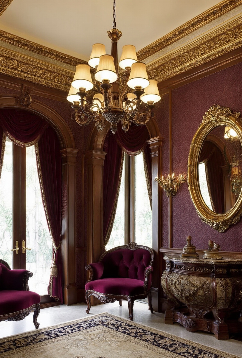 foyer decor ideas - Designing An Opulent Foyer - Deep burgundy and dark walnut tones envelop you...