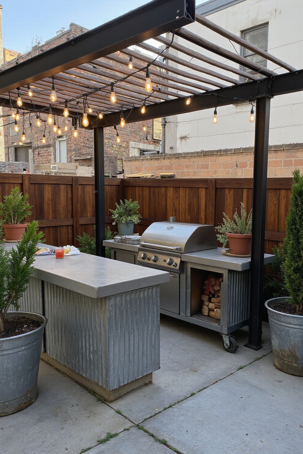 Industrial kitchen design - Rugged Industrial Outdoor Entertaining - This urban patio transforms into an entertainer's dream...