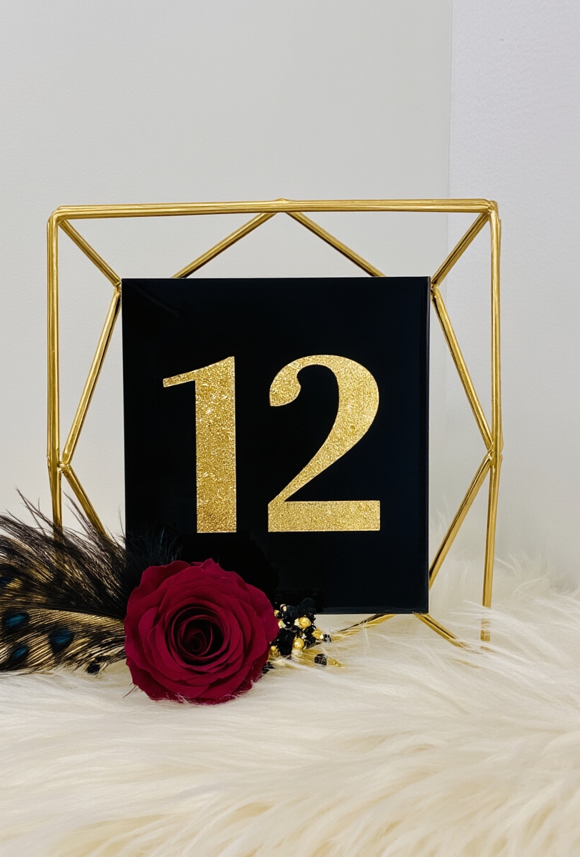 wedding table numbers - Luxurious Table Number Statement - A geometric brass stand elevates a sophisticated black...
