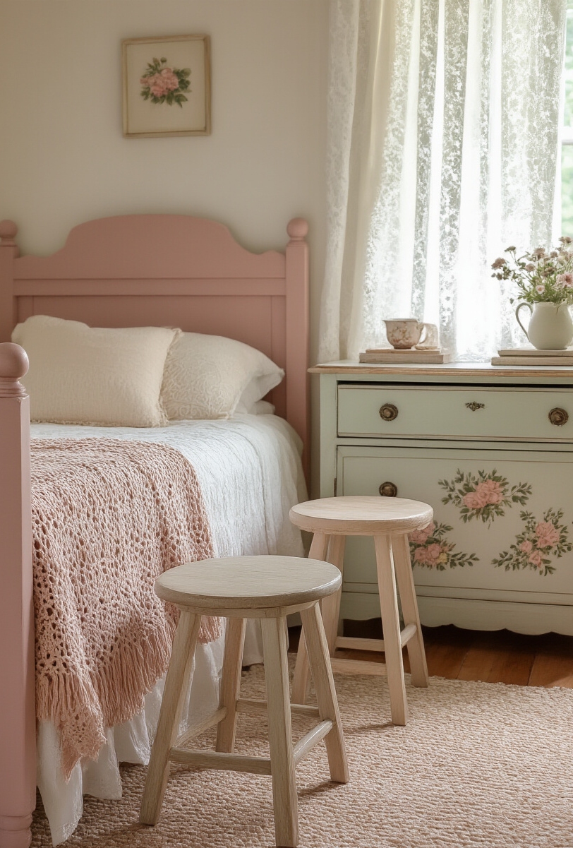 bedroom furniture sets - Crafted Bedroom Charm - Soft, dusty rose washes over a simple wooden...