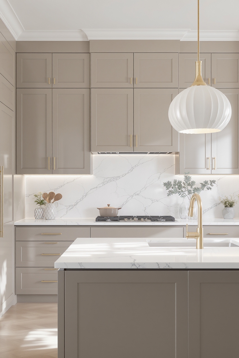 Taupe kitchen cabinets - Refined Taupe Cabinet Sanctuary - Taupe inset cabinets exude subtle sophistication in this...