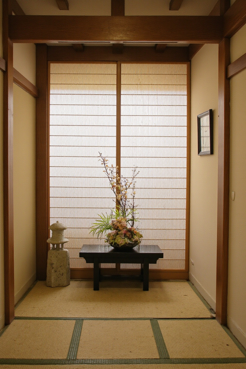 end of hallway decor - Serene Japanese Hallway Vignette - The refined Japanese aesthetic unfolds at the end...