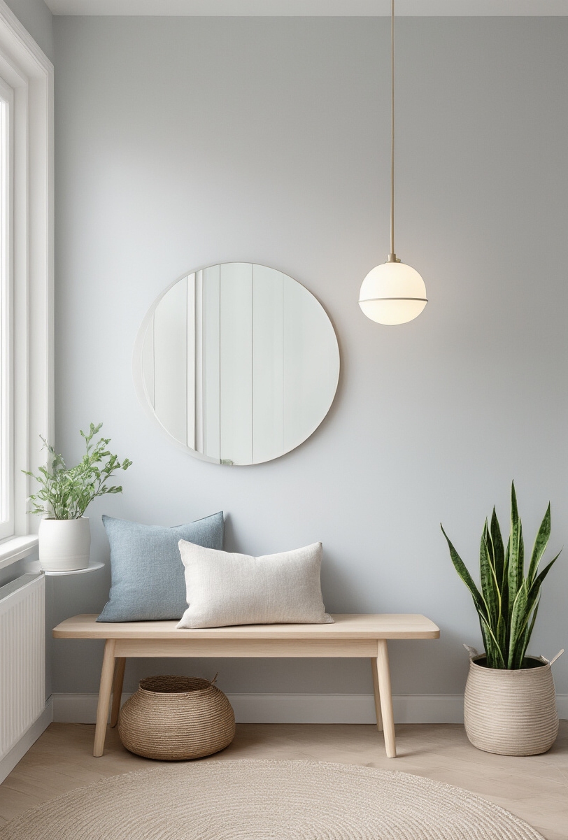 foyer decor ideas - Streamlined Foyer Design - Sunlight floods this minimalist Scandinavian foyer, instantly creating...