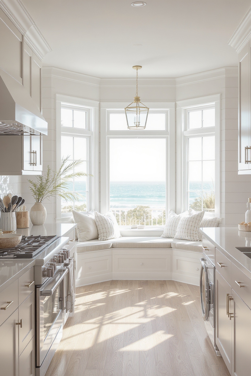Taupe kitchen cabinets - Taupe Cabinets: Serene Coastal Escape - Sunlight floods this coastal kitchen, highlighting the smooth,...
