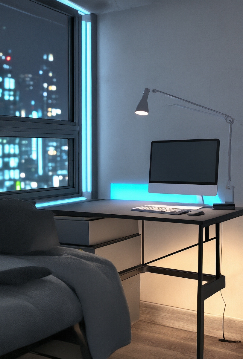 dorm room decor - Dorm Room's Modern Mystique - Dive into a dorm room where sleek minimalism...
