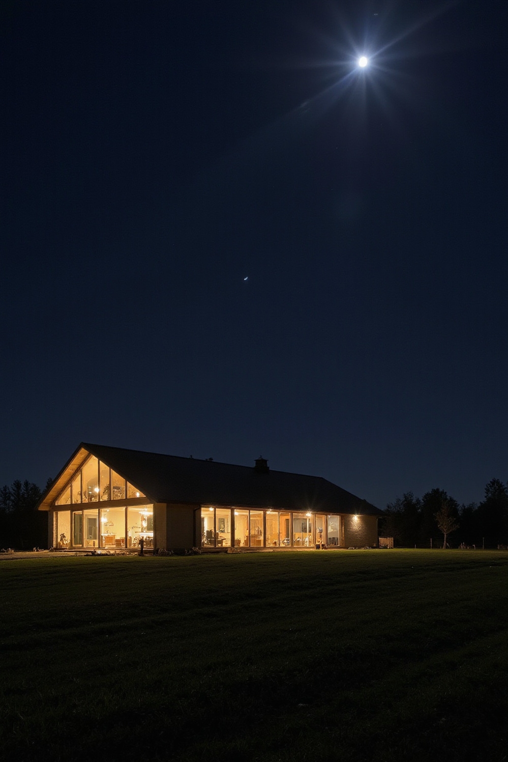 modern barn house - Modern Barns: Illuminated Rural Sanctuaries - The night reveals a stunning modern barn house,...