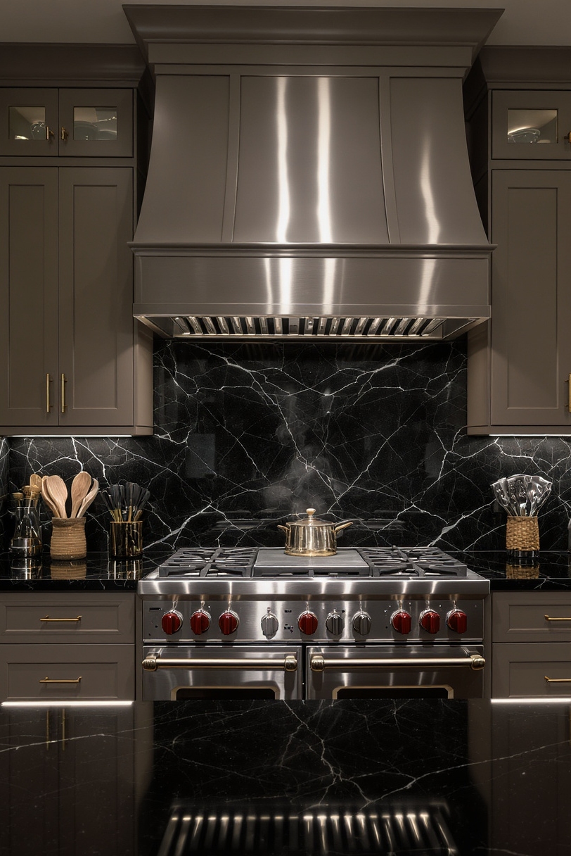 Taupe kitchen cabinets - Professional Taupe Culinary Kitchens - The camera captures a chef's domain, anchored by...