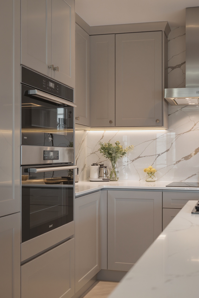 Taupe kitchen cabinets - Taupe Kitchens: Refined Efficiency - Taupe kitchen cabinets anchor this sleek, European-inspired space,...