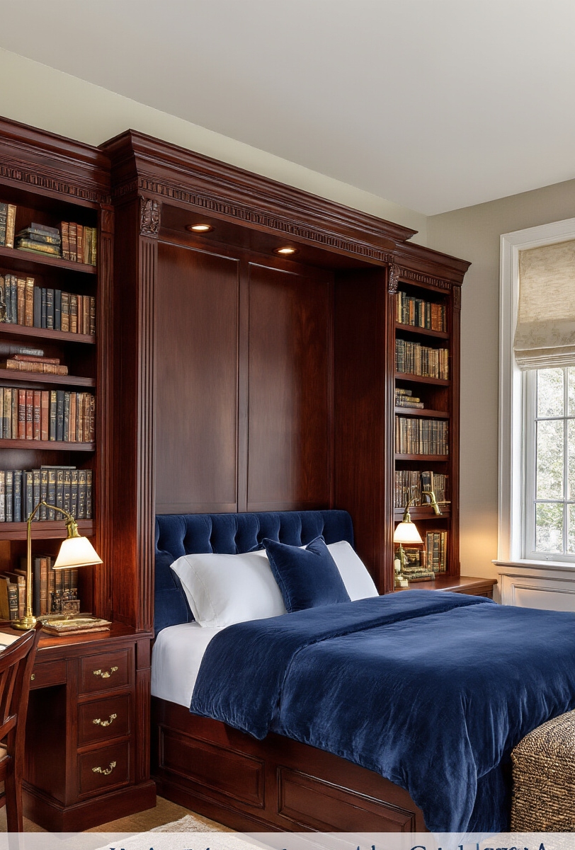 Blog Topic - Sophisticated Library Bed Retreat - Deep cherry wood embraces you as you gaze...