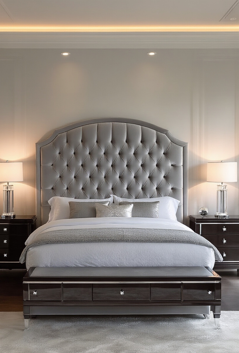 bedroom furniture sets - Plush And Mirrored Bedroom Luxuries - Silver-grey velvet blankets this bedroom in pure luxury,...