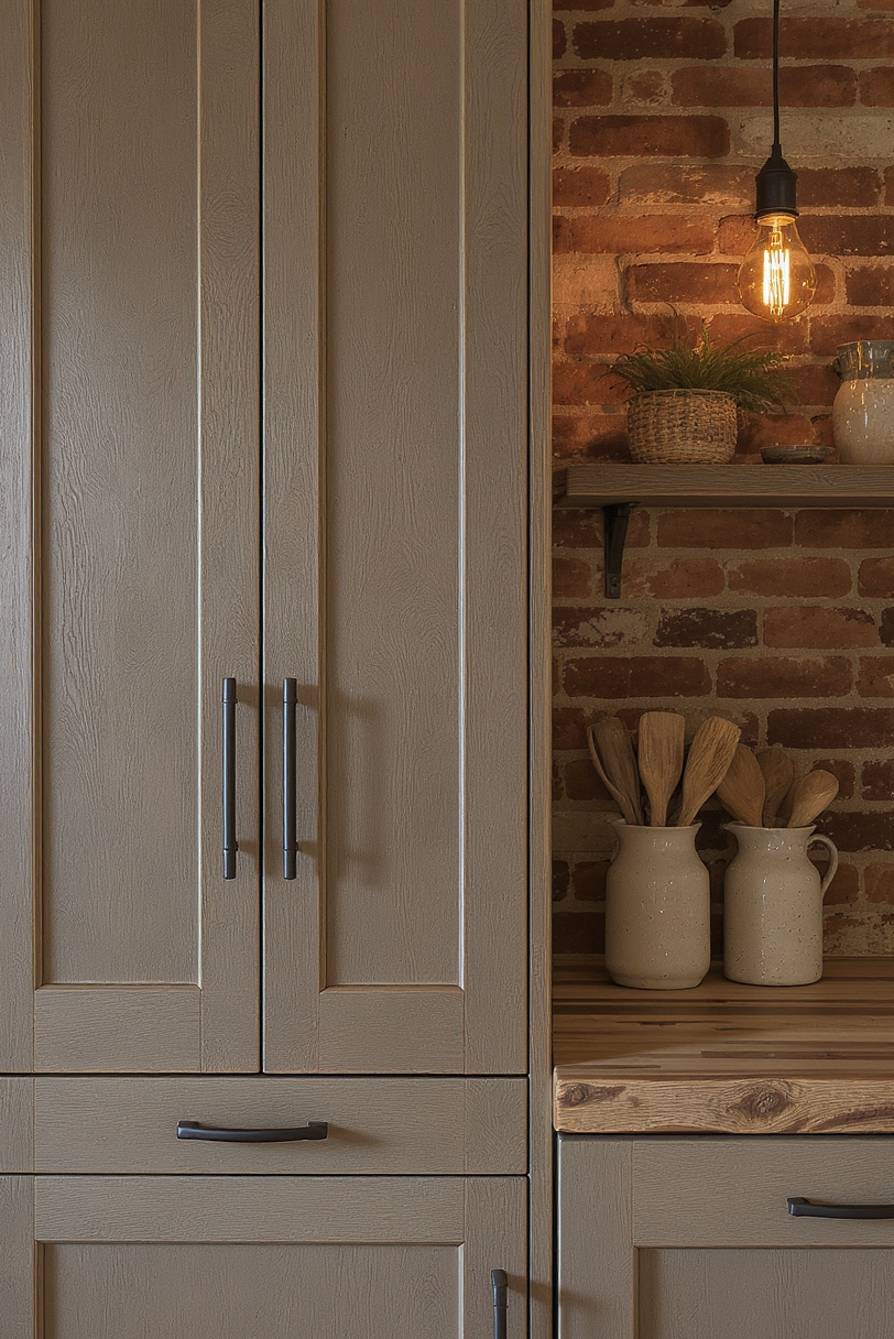 Taupe kitchen cabinets - Taupe Cabinets: Raw, Rustic, Real - Taupe kitchen cabinets radiate understated elegance in this...