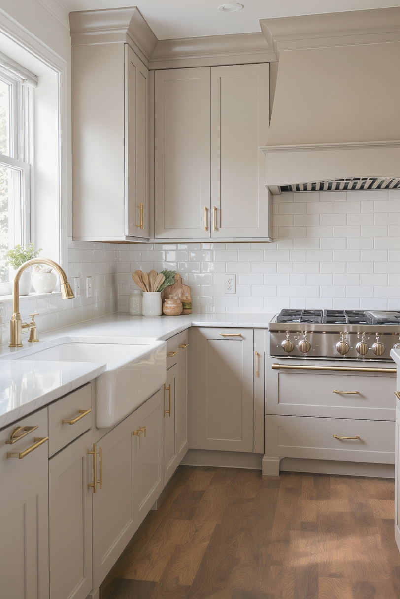 Taupe kitchen cabinets - Taupe Cabinets: Classic Comfort - Taupe shaker cabinets anchor this kitchen in timeless...