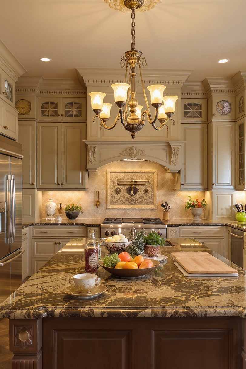 Taupe kitchen cabinets - Opulent Taupe Kitchen Grandeur - An antique bronze chandelier casts a warm, inviting...