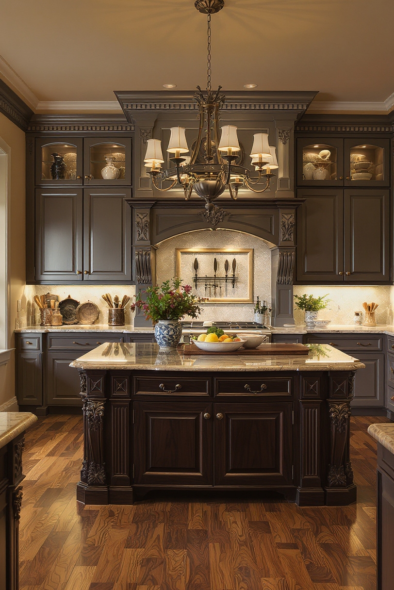 Taupe kitchen cabinets - Grand Taupe Kitchen Elegance - Dark taupe kitchen cabinets create a sophisticated, grounded...