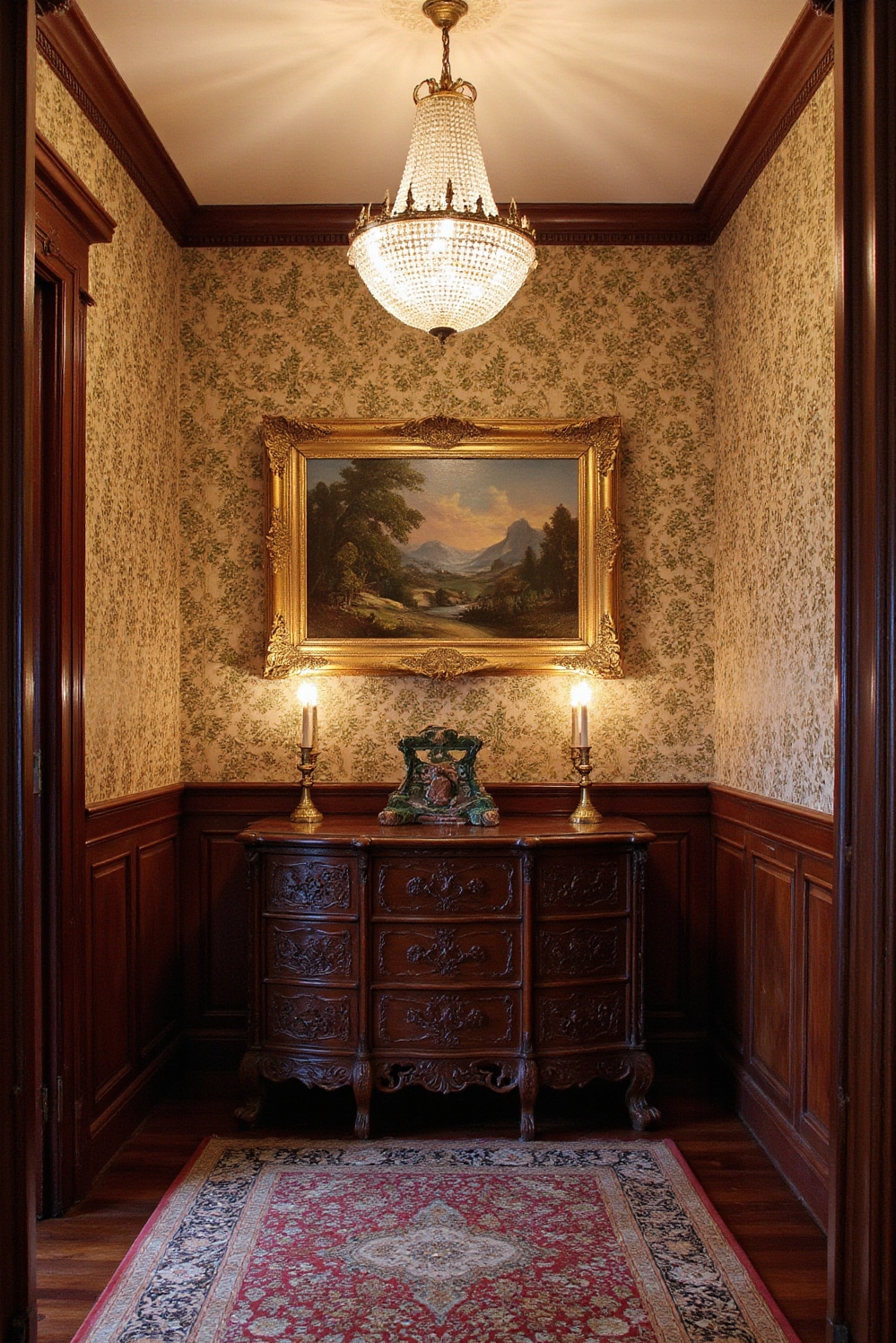 end of hallway decor - Hallway's Dramatic Destination - Rich burgundy and deep gold tones immediately grab...
