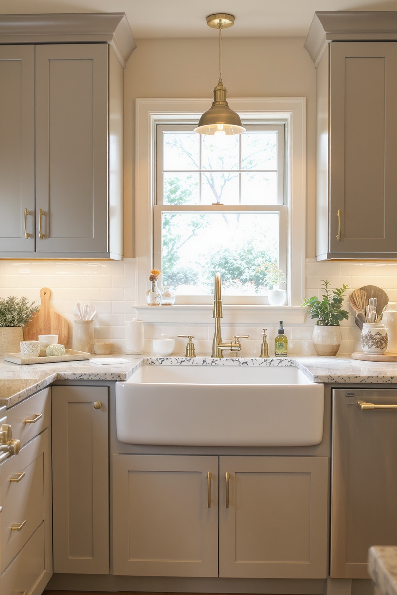 Taupe kitchen cabinets - Taupe Cabinets: Warm, Inviting Style - Taupe shaker cabinets define this inviting transitional kitchen...