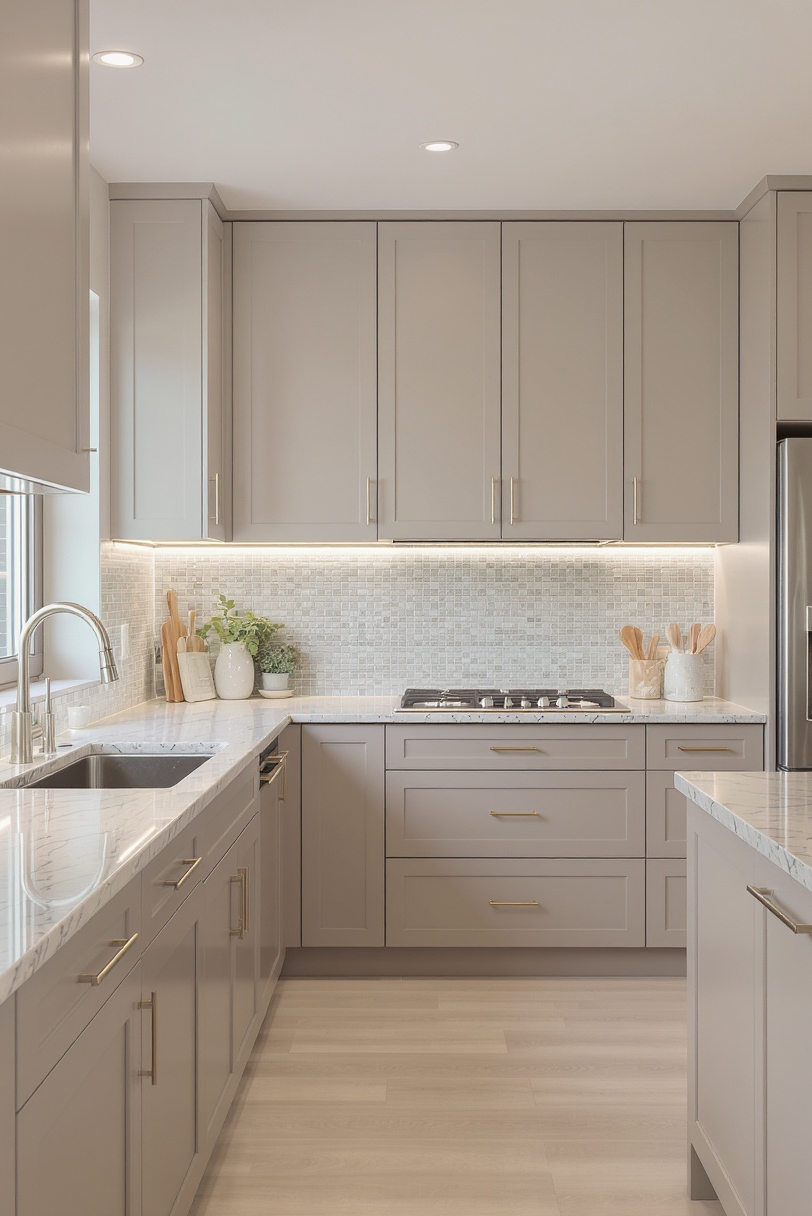 Taupe kitchen cabinets - Taupe Kitchens: Sleek And Refined - Taupe flat-panel cabinets define this kitchen with a...
