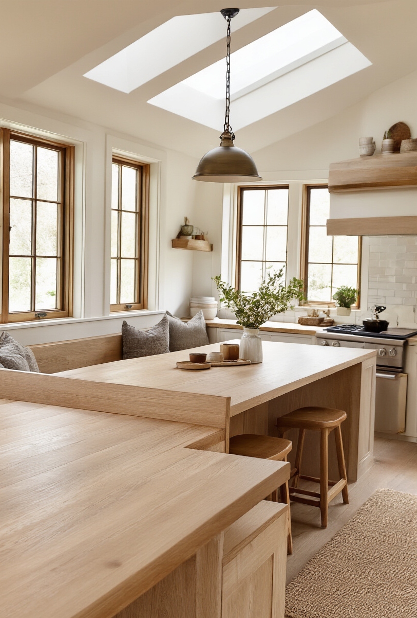 kitchen island seating - Integrated Sunken Island Seating - Sunlight streams down from a skylight and bathes...