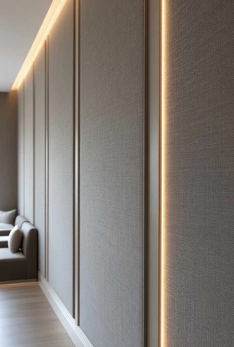 wall moldings - Fabric-Wrapped Walls: Texture & Light - Dark grey linen stretches tautly over slender, raised...
