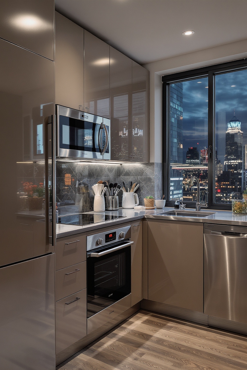 Taupe kitchen cabinets - Urban Chic: Taupe Kitchen Appeal - This urban kitchen design maximizes every inch with...
