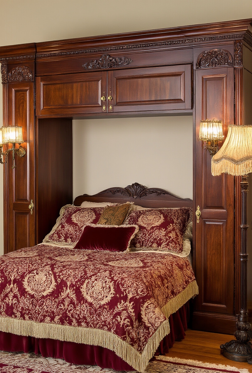 Blog Topic - Victorian Secrets: Hidden Bed Elegance - A carved mahogany armoire commands attention, its ornate...