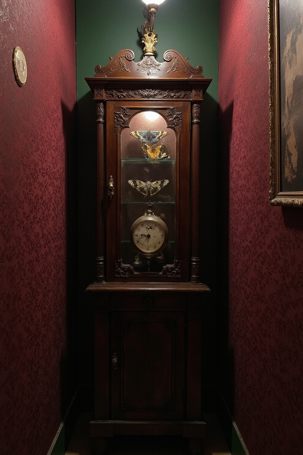 end of hallway decor - The Hallway's Enigmatic Display - Dark, carved walnut shapes a tall, narrow curiosity...