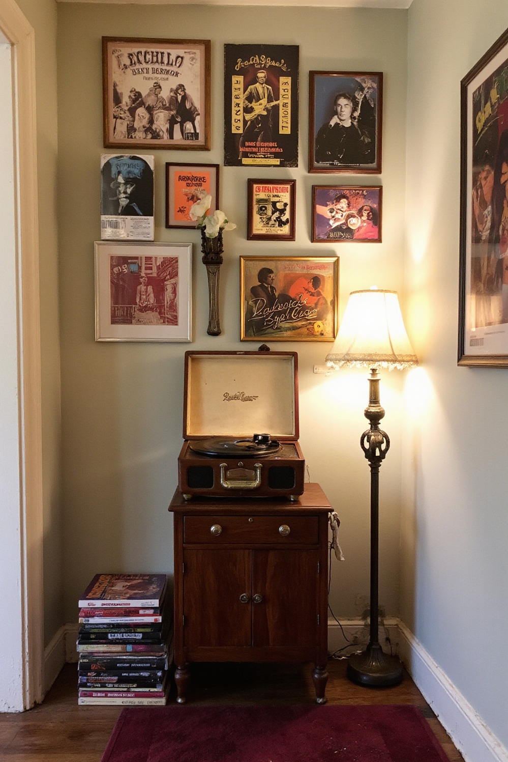 end of hallway decor - Vintage Vinyl Hallway Nook - A vintage music lover's haven unfolds at the...