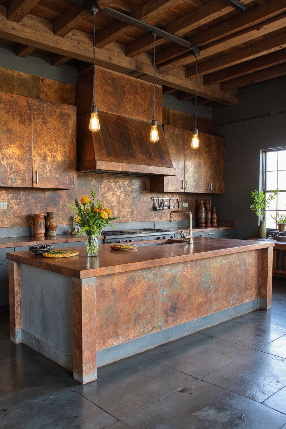 Industrial kitchen design - Industrial Kitchen: Copper's Inviting Patina - You step into an industrial kitchen radiating unexpected...