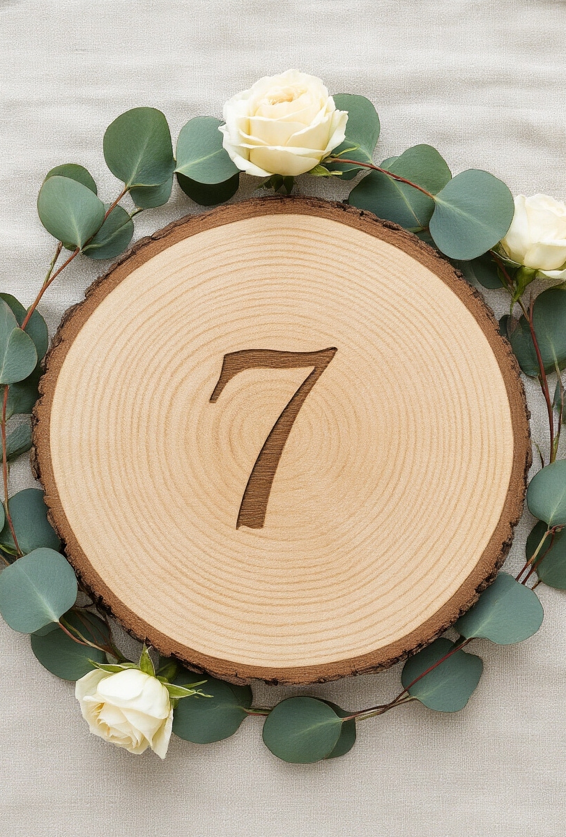 wedding table numbers - Artful Wedding Table Number Ideas - A weathered oak wood slice commands attention with...
