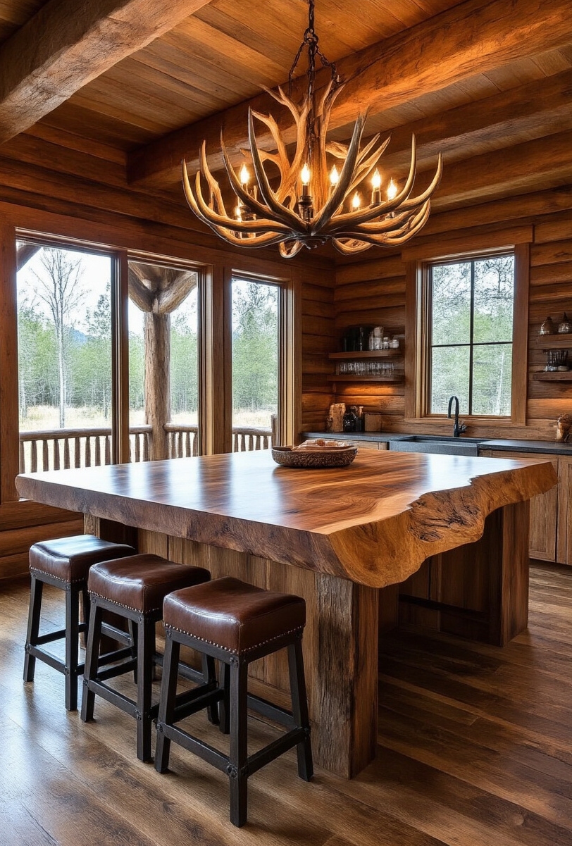 kitchen island seating - Grand Rustic Island Comfort - A colossal, live-edge wood slab commands attention as...