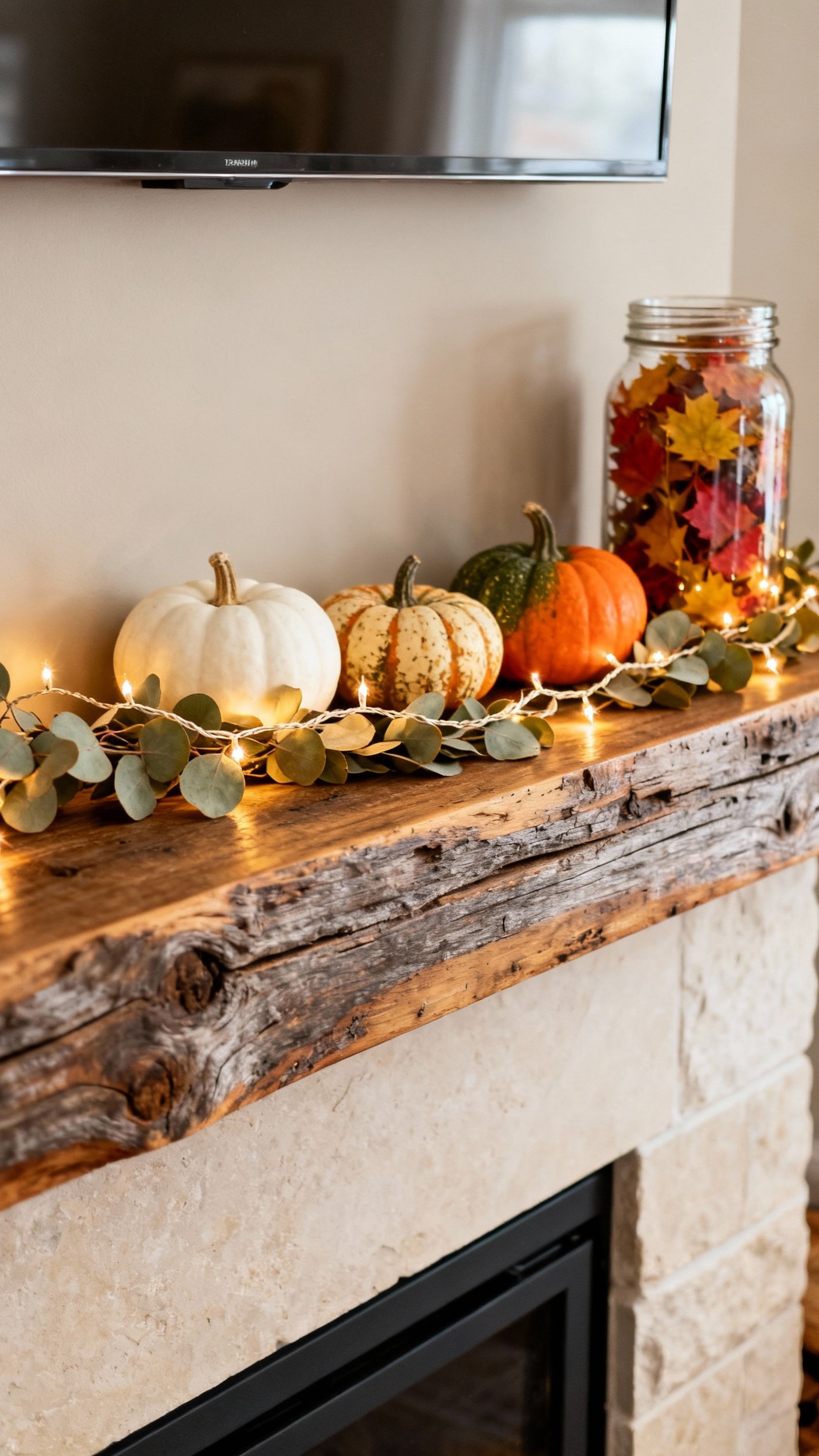 living room modern fall decor ideas - Modern Fall Mantel: Natural Textures - Reclaimed wood forms a rustic mantel, showcasing the...