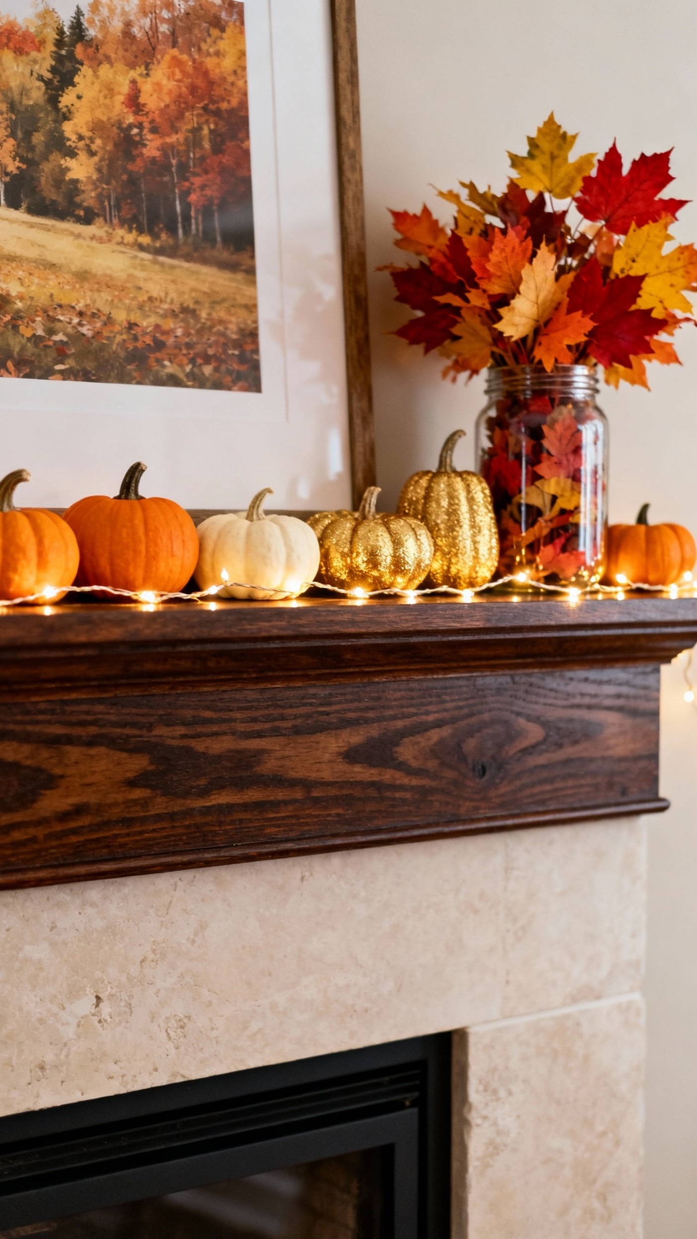 living room modern fall decor ideas - Modern Fall Living Room Refresh - A dark-stained wood mantel immediately grabs your attention,...