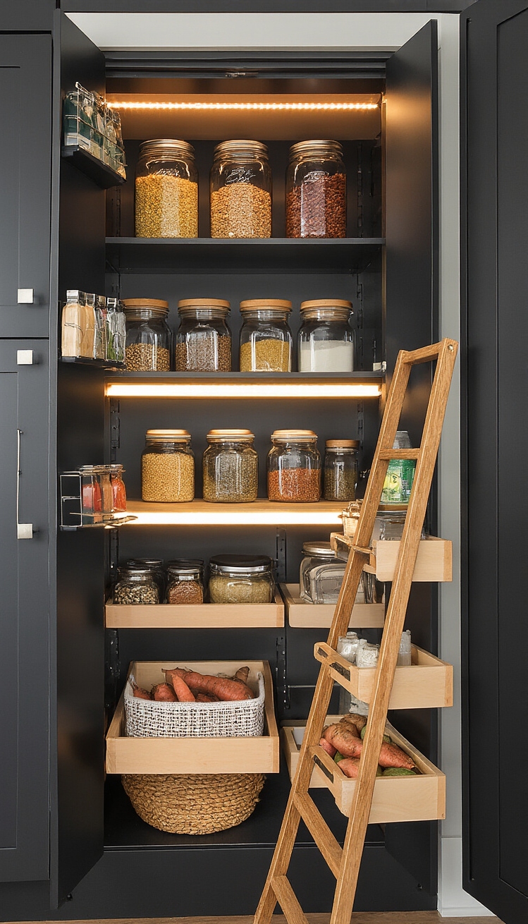 Black Kitchen Inspiration - Organized Black Pantry: A Design Star - This black kitchen pantry makes organization look effortlessly...