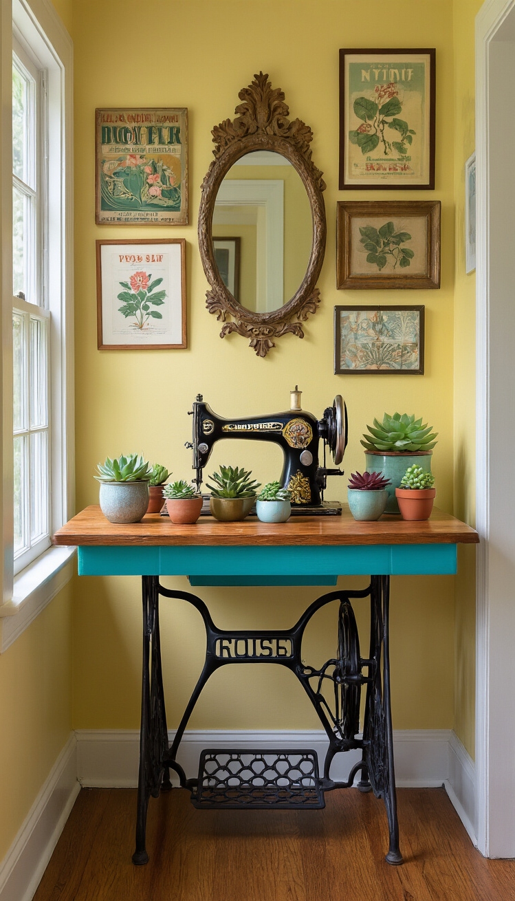 Hallway table ideas - Hallway Tables: Repurpose & Reimagine - A vibrant turquoise sewing machine base immediately grabs...