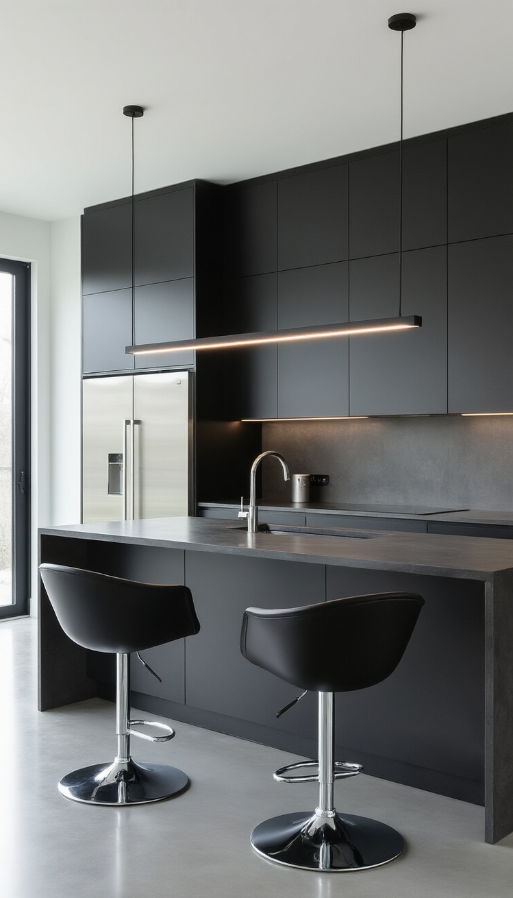 Black Kitchen Inspiration - Sleek Black Kitchens: Modern Inspiration - Sleek, handleless, matte black cabinets soar to the...