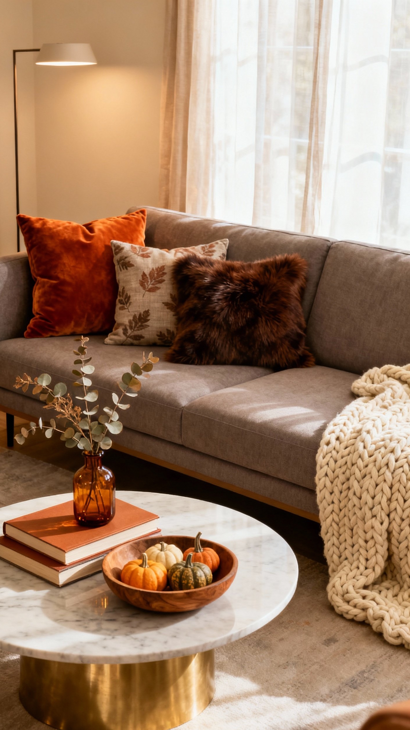living room modern fall decor ideas - Cozy Fall Living Room Refresh - Sunlight streams through sheer curtains and bathes this...