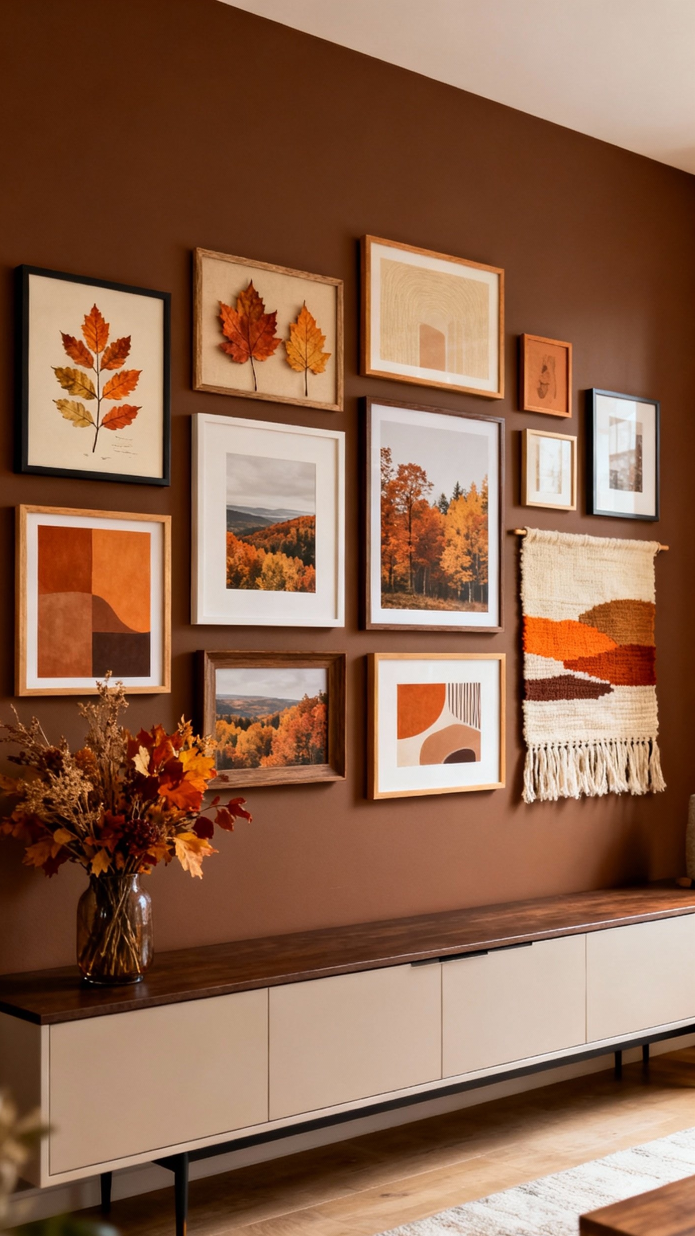 living room modern fall decor ideas - Fall Gallery Wall: Modern Living Room - A deep, warm brown wall instantly envelops you...