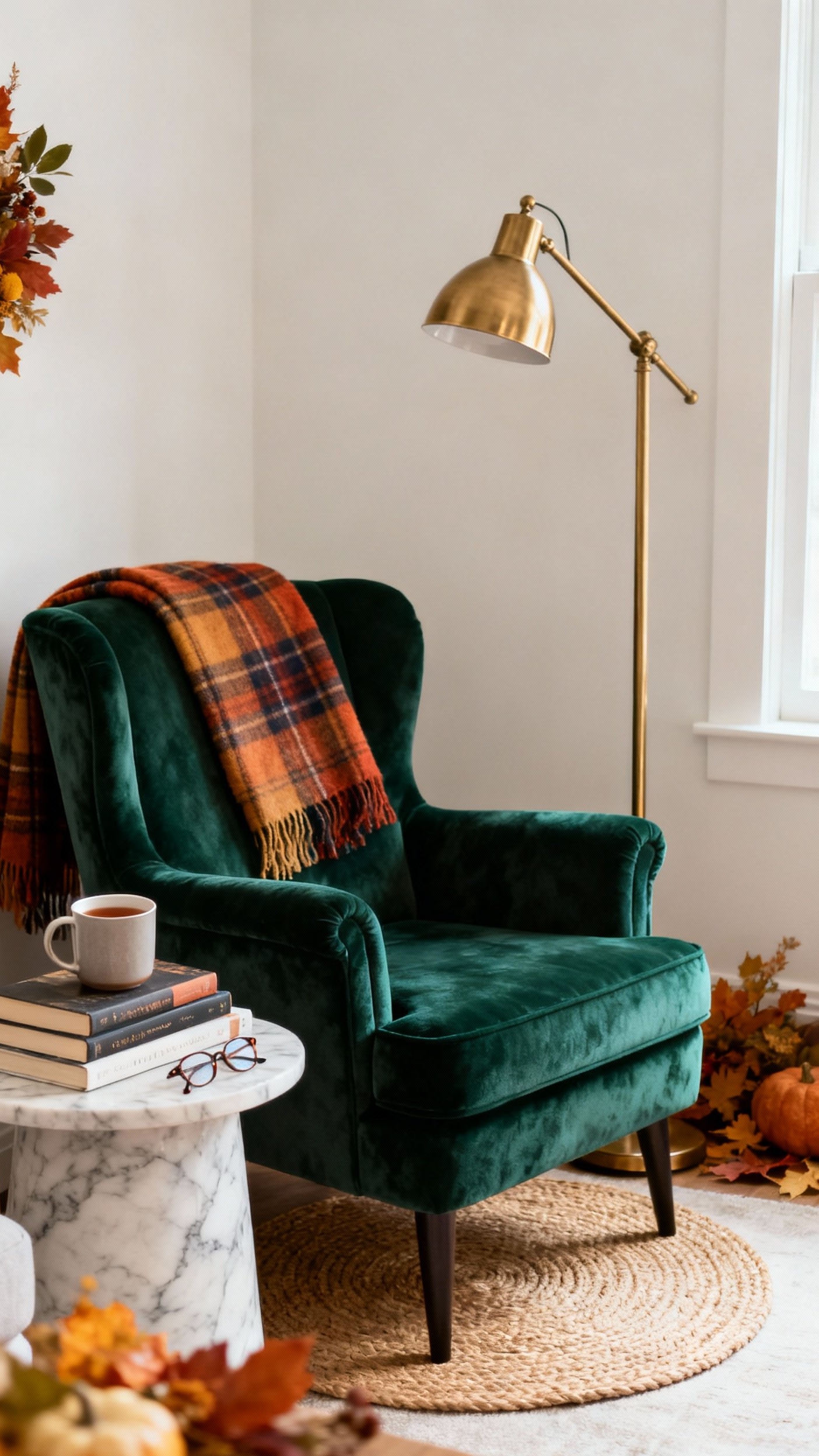 living room modern fall decor ideas - Fall Decor: Modern Living Room Nook - Emerald green velvet immediately draws your eye to...